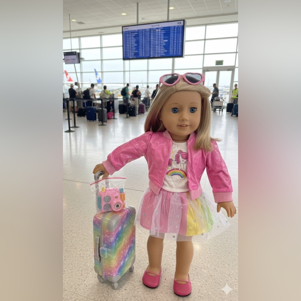 American Girl Doll with Pink Jacket and Rainbow Skirt
